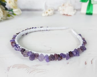Gemstone Amethyst headband, Birthday women gift, Purple stones hair piece, Bridal crystals hair crown, Purple beaded hairband, Jeweled tiara
