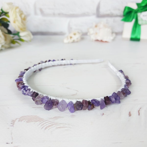 Gemstone Amethyst headband crown, Birthday women gift, February Birthstone hair jewelry, Bridal crystal crown Purple hairband Jeweled tiara