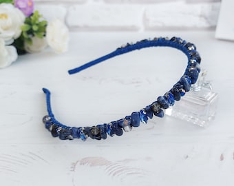 Bling Sodalite crystal crown Gothic wedding bridal headpiece Navy blue sparkly headband bridesmaid Boho gemstone hair piece women