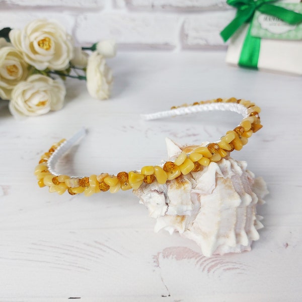 Beach wedding hair piece, Bridal yellow crystal hairband, Yellow Agate gemstone hair jewelry, Beaded headpiece, Custom headband for women