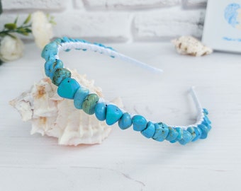 Turquoise gemstone headband, Girl headpiece for Prom, Bridal teal hair piece, Women hairband, Crystals bead headband, Wedding blue crown