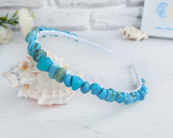 Gemstone Turquoise headband crown boho wedding, Turquoise December Birthstone jewelry gift for her, Jeweled bead hairband, Crystal headpiece