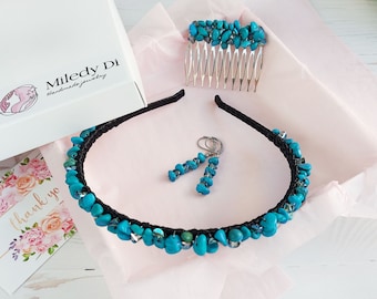 Edelstein Stirnband, Türkis Haarteil, Rustikale Hochzeit Haar-Accessoires, Teal Kristall Kopfschmuck Blaue Perlen Haarspange Baumeln Stein Ohrringe