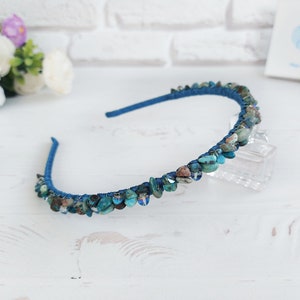 Chrysocolla gemstone headband, Blue green crystals crown girl, Sparkle Birthday hairband, Bling wedding hair jewelry, Bridal stone headpiece image 1