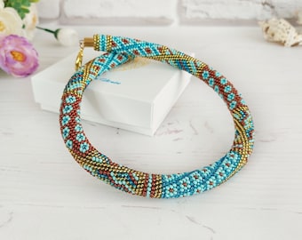 Blue mint gold seed bead crochet necklace Beading rope chunky necklace Birthday women gift Bohemian Patchwork jewelry Beadwork modern choker