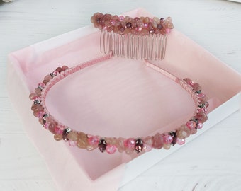 Pink crystals bridal shower headband, Strawberry Quartz jewelry, Mothers day grandma gift, Gemstone bead hair piece, Prom shiny tiara crown