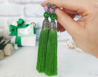 Green silk tassel earrings, Long dangle gypsy earrings, Chandelier bohemian earrings Fringe silky earrings girl, Handmade statement earrings