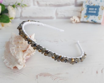 Labradorite gemstone hair accessories Grey gold beaded hair piece Bohemian wedding headband crown bridal Sparkle crystals jeweled headpiece