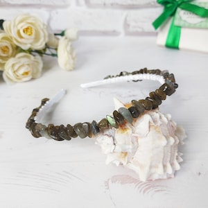Labradorite hair piece Gemstone hair crown Women raw stones headband Jeweled grey minimalist hair band adult Crystals boho wedding headpiece