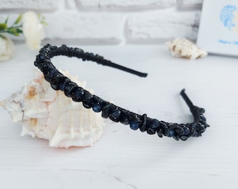 Total black beaded headband crown Black Agate gemstone hair piece Crystal hairband Gothic wedding hair accessories Christmas headpiece gift