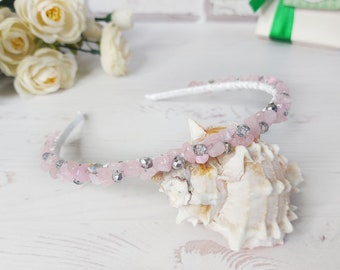 Pink Quartz chipped crystals jewelry wedding, Beaded stone bridal headband, Bling women's Birthday crown, Pink gemstone headpiece for girl