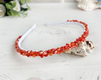 Orange Coral gem stones head crown Bright sparkle hairband Summer wedding crystals headband Jeweled hair piece bridesmaid Bridal beads tiara