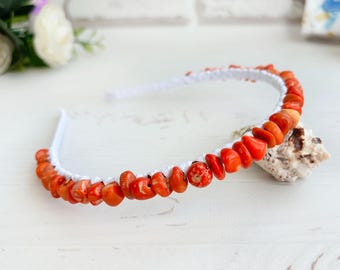 Orange Coral headpiece, Unique crystals hair wreath, Bright beach wedding headband crown bridesmaid, Bead hair piece, Stone bridal hairband