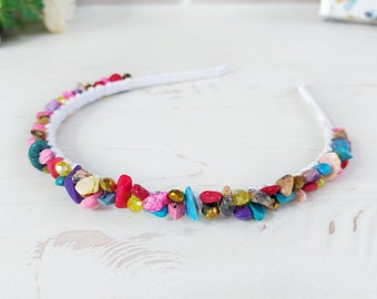 Colorful crystal headpiece Festival rainbow gemstone hair piece Sparkle beaded headband Multicolored hair accessories Dainty crown adult