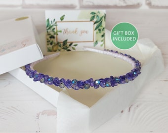 Purple chipped crystals headband women, Quartz hair piece jewelry, Bling gemstone hairband, Rustic wedding headpiece, Bridal beaded crown