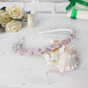 Pink Quartz hair piece, Pink crystal hair jewelry, Wedding bridal stone hair accessories, Gemstone tiara crown, Jeweled beaded headband girl