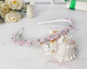 Acessório de cabelo em quartzo rosa, joia de cabelo com cristal rosa, acessórios de cabelo para noivas com pedras preciosas, tiara com pedras preciosas, faixa de cabelo com contas e joias para meninas.