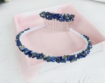 Lapis Lazuli-hårband Lapis Lazuli-hårkam Marinblå stenhuvudbonad Huvudbonad med ädelstenskristaller Elegant kunglig blå krona Hårspänne med juveler