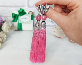 Fringe silk tassel earrings, Boho statement earrings for woman, Long pink dangle earrings, Stud chandelier earrings, Birthday sister gift