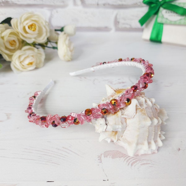 Pink gemstone crystal hairband, Wedding beaded head wreath, Cherry Quartz hair accessories, Bling bridal headband crown, Adult hair piece