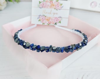 Blue beaded headband, Lapis Lazuli crystal hair accessories, Gemstone hair jewelry Prom, Blue jeweled headpiece women, Bling hair piece girl