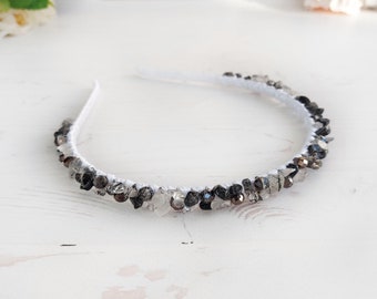 Black white gemstone hair piece, Rutile Quartz crystal jewelry, Gothic wedding bridal thin crown, Minimalist bead headpiece, Stone headband