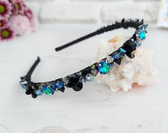 Black & Turquoise crystals headband crown, Gothic wedding headpiece, Black sparkle rhinestones hair piece, Beaded bridal hair accessories