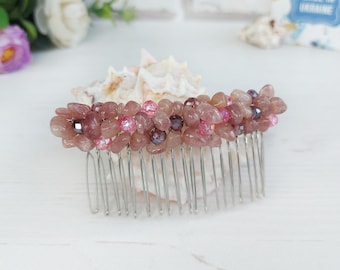 Strawberry Quartz hair comb, Gemstone Quartz hair clip, Pink stones headpiece, Wedding crystals hair piece, Pink beaded hair clip