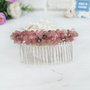 Strawberry Quartz jewelry hair Sparkle hair comb Pink beaded hair clip Embellished bridal comb Jeweled stone hair piece Gemstone headpiece