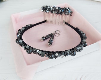 Haarschmuck aus Hämatit, Hexenhafte Kristall-Haaraccessoires, Schwarzer Perlen-Haarschmuck, Haarspange, Ohrringe, Gothic-Hochzeits-Stirnband aus Stein, Krone