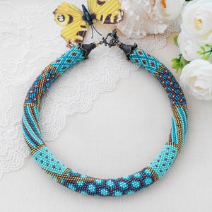 Blue gold seed bead crochet necklace Bold statement necklace Unique beading geometric choker Bohemian chunky necklace Birthday women gift