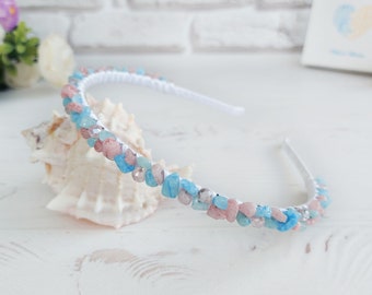 Pink Blue crystals crown for bling wedding, Bridal stone hair piece, Quartz Aquamarine hair accessories, Thin dainty headband for women