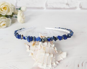 Thin crown, Navy blue beaded headband, Woman hair piece for prom, Blue crystal tiara crown, Lapis lazuli hair jewelry, Boho dainty headpiece