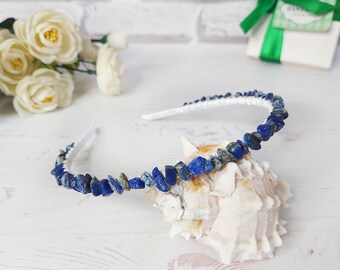 Navy blue beaded headband, Woman boho hairband, Blue crystals crown, Lapis lazuli gemstone hair accessories, Bridal wedding hair piece women