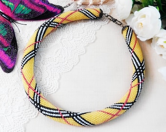 Geometric bead crochet necklace for mother, Yellow statement beadwork necklace, Seed beaded rope jewelry, 35th Birthday wife gift for sister