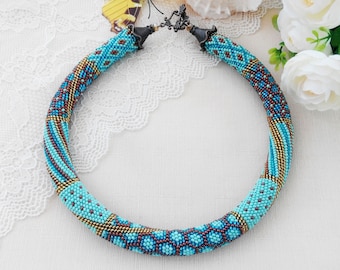 Blau Gold Rocailles Häkelkette Bold Statement Halskette Einzigartige Perlen geometrische Choker Boho klobige Halskette Geburtstag Frauen Geschenk