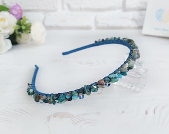 Chrysocolla gemstone headband, Blue green crystals crown girl, Sparkle Birthday hairband, Bling wedding hair jewelry, Bridal stone headpiece