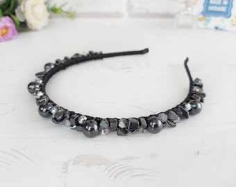 Gemstone Hematite hair piece Prom beaded headpiece Black gothic wedding headband Bridal crystal crown