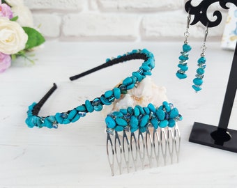 Turquoise crystal hair accessories, Teal gemstone headband, Threader earrings, Sparkle dainty tiara crown, Stone blue beaded hair comb