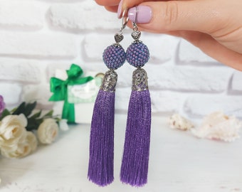 Purple silk tassel earrings, Birthday girlfriend gift, Long fringe cluster earrings, Dangle bead ball drop earrings, Beadwork gypsy jewelry