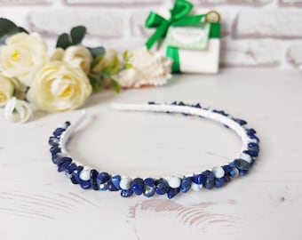 Joyas de lapislázuli, tocado de cristal bohemio, diadema de boda con joyas, diadema fina azul para niña, corona nupcial de lapislázuli para mujer