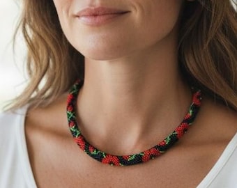 Zwart rode bloemen kralenketting Oekraïne cadeau vrouwen etnische bloemenketting sierlijke rocaille gehaakte ketting Boho kralen choker ketting
