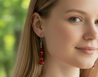 Orecchini di corallo rosso, orecchini da sposa con cristalli rossi, orecchini a filo con perline, orecchini pendenti a grappolo, orecchini impilati con pietre preziose da donna