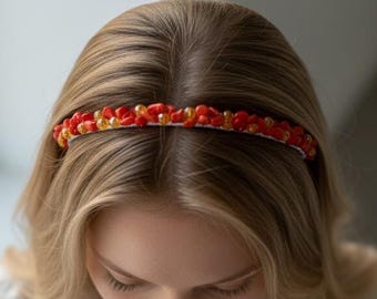 Orange Coral crystal headband, Gemstone women hair accessory Prom, Summer wedding beaded hair piece, Bridal jeweled tiara crown