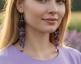 Pendientes largos de cristal de amatista, pendientes colgantes morados, pendientes de racimo de piedras preciosas para mujer, pendientes colgantes de cuentas, joyería tipo candelabro