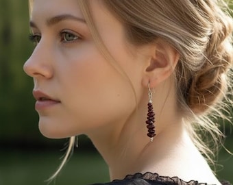 Garnet gemstone earrings Burgundy crystal earrings for wedding Dangle drop stone earrings Red beaded earrings Long threader earrings Women
