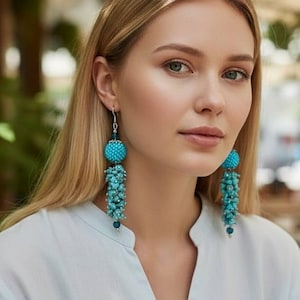 Può includere: Una donna indossa lunghi orecchini pendenti turchesi. Ogni orecchino presenta una perla turchese rotonda nella parte superiore, seguita da una cascata di perline turchesi più piccole. Un accessorio vivace.