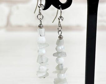 White crystal earrings Cat's Eye stone earrings wedding Beaded threader earrings Cluster minimalist earrings Long beaded drop earrings