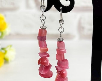 Orecchini con cristalli rosa Orecchini pendenti lunghi con pietre preziose Orecchini pendenti con perline vistosi per tutti i giorni Orecchini semplici con pietra occhio di gatto Regalo per donna