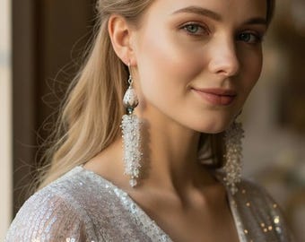 Gemstone Opal beads cluster earrings for her Genuine Moonstone crystal earrings White cascade fringe earrings Tulip flower wedding earrings